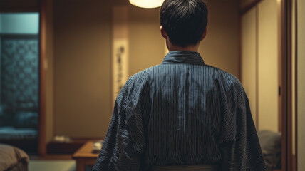 縞の浴衣を着た男性の背中