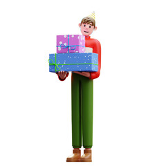 3d Illustration of Male Character Holding Stacked Gift Boxes New Year