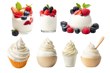 Set of Pink frozen yogurt in a pink cup with a spoon held by a hand isolated on white background. Concept of sweet dessert and refreshment