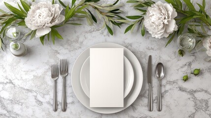 Elegant Table Setting with White Plates and Silver Cutlery on Speckled White Background with Floral Garland