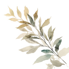 A serene branch with delicate leaves in muted tones on a white background