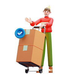 3d Illustration of Male Character Pushing Delivery Cart With Packages
