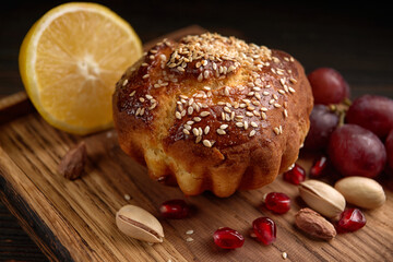 Baked cake dessert on wood