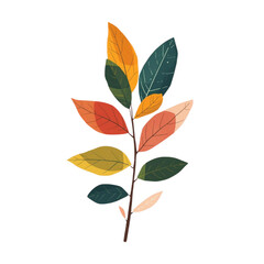 A close-up illustration of a stem with colorful leaves in various shades of green, orange, and yellow, set against a white background.