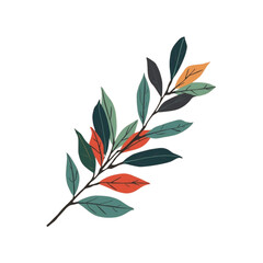 A branch with colorful leaves is illustrated against a white background from a straightforward viewpoint.