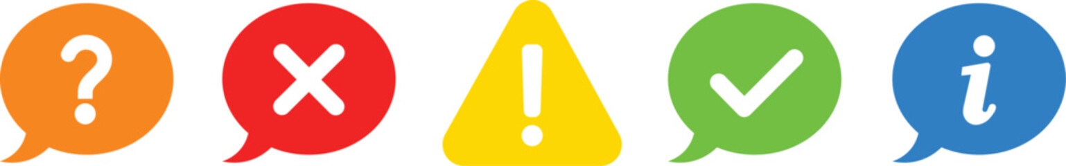 Fototapeta premium Orange question mark red cross yellow exclamation mark green checkmark blue information symbol
