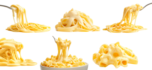 Set of creamy, cheesy spaghetti twirled on a fork isolated on white background. Concept of Italian food.