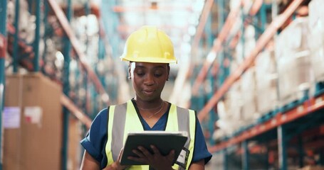 Tablet, black woman and logistics worker in warehouse for inspection, checklist or stock with delivery. Digital technology, communication and African supply chain manager with details for ecommerce. - Powered by Adobe