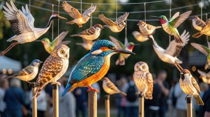 Naklejka premium Lantern Festival with illuminated bird lanterns, featuring diverse species like kingfishers, owls, sparrows, hummingbirds, and cranes, creating a vibrant cultural display at an outdoor event.