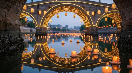 Lantern Festival celebration with illuminated bridge and floating candles on the water at dusk, reflecting traditional Chinese culture and festive atmosphere.