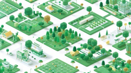 A Green Isometric Farm With Interconnected Plots Showing Crops Trees And Buildings On A White Background