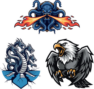 Blue kraken octopus and two headed dragon and bald eagle emblems