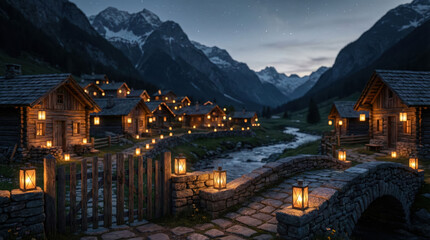 Lantern Festival in a Serene Mountain Village: Rustic Cabins and a Stone Bridge Illuminated by Warm Lights Under a Starry Night Sky
