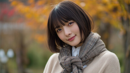 女子学生が秋の公園でマフラー姿で静かに微笑む