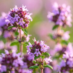 Fototapeta premium Macro shot capturing delicate purple flowers with green stems against a blurred, soft-focus background, suggesting springtime bloom