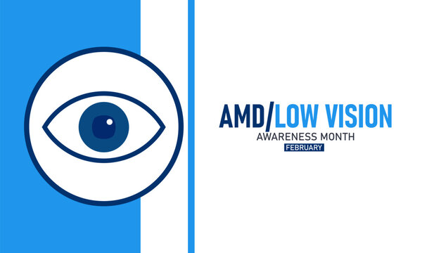 AMD Low Vision Awareness Month Poster Banner and Background Design Template Featuring Eye Icon, Medical Symbols, and Vision Aid Illustration for Eye Health Education, Prevention, and February Awarenes