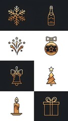 Elegant Gold Christmas and New Year Holiday Icons Set with Festive Symbols on Contrasting Black and White Backgrounds