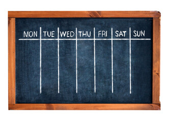 Weekly chalkboard planner with days of the week layout representing schedule planning, time management, organization, productivity, education, and business planning concept
