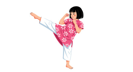 Martial arts training girl kicking pose vector illustration for fitness and self defense class