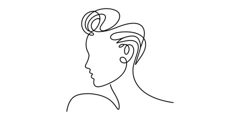 Minimalist one line drawing of woman profile with updo hairstyle