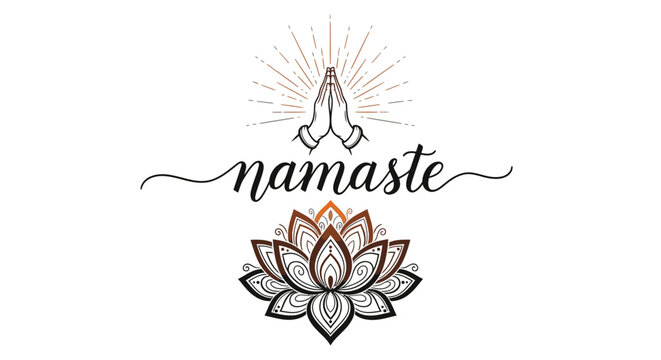Namaste greeting with lotus flower and hands in prayer position vector illustration design