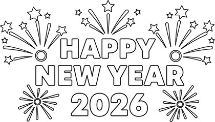 Happy new year 2026 coloring page with fireworks outline