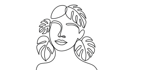 One line drawing woman face with monstera leaves minimalist art