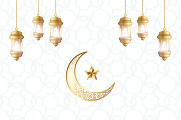 Islamic decorative background with lanterns and crescent moon.
