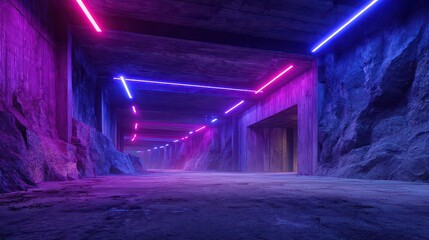 Illuminated Concrete Tunnel with Pink and Blue Neon Lights Creating a Geometric Pattern Along the Rough Walls and Floor in a Futuristic Setting
