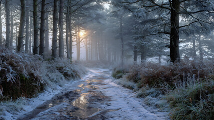 霧に包まれた冬の雪の森の柔らかな小道風景