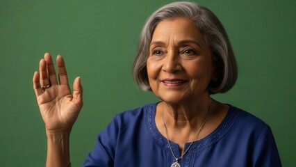 Portrait of an elderly woman with gray hair wearing a blue top and greeting gesture against a