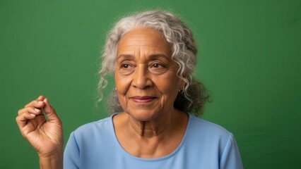 Portrait of an elderly woman with silver curly hair and gentle expression against a green backdrop