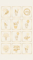 Dynamic Golden Outline New Year 2024 Icons Featuring Happy Characters, Festive Activities, and Countdown Celebration
