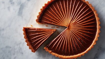 Overhead View of Shiny Chocolate Tart with Sliced Piece on Marble Surface with Textured Crust and Glossy Glaze in Warm Natural Lighting