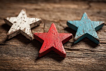 Patriotic Wooden Stars Red White and Blue on Rustic Wood Background