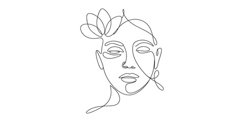 Minimalist continuous line art portrait of woman with flower