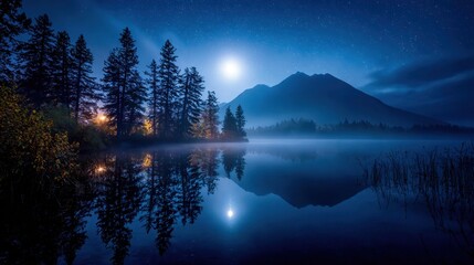 Peaceful Blue Night Scene over Tranquil Lake with Starry Sky and Mountain Reflected in Calm Water