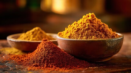 Pile of Vibrant Orange and Yellow Spices in Bowls with Textured Wooden Tabletop under Warm Lighting Creating Culinary Still Life
