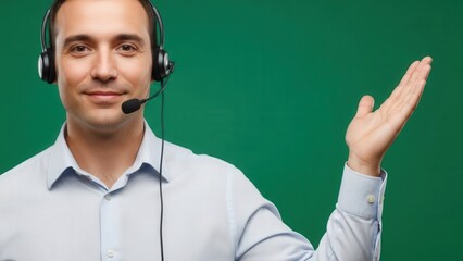 Professional call center agent providing customer support with friendly demeanor on green background