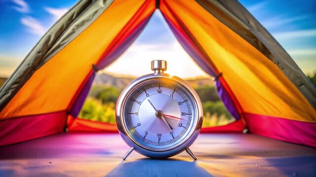 Alarm clock inside tent representing time in nature and adventure