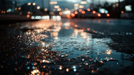 Rainy City Street Reflection with Blurred Traffic Lights and Puddle Surface in Dark Tone with Bokeh Effects and Wet Asphalt in Nighttime