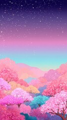 Pink Cherry Blossom Trees Under a Starry Night Sky with Gradient Pink Purple and Blue Hues Mountain Range in the Background Digital Art Illustration
