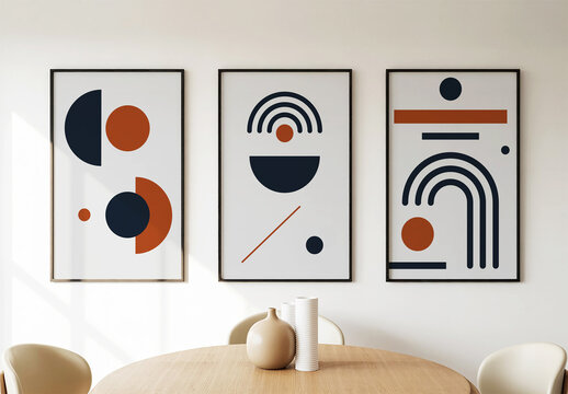 Three Vertical Poster Mockups with Abstract Boho Art