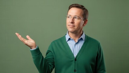 Thoughtful businessman in casual green cardigan gesturing with one hand against a plain background