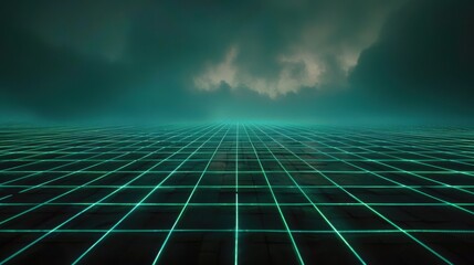 The image shows a grid pattern on a dark surface, reminiscent of a retro video game or 80s aesthetic. Bright teal and green lines form a perspective grid stretching to the horizon against a dark, al