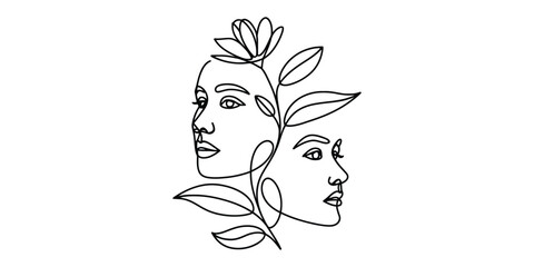 Minimalist line art of two faces merged with a flower and leaves