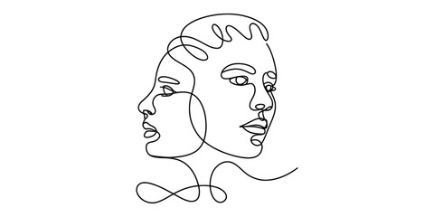 Continuous line art drawing of two faces back to back