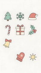 Charming Pastel Christmas Holiday Outline Icons Collection with Classic Festive Symbols and Decorations