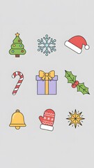 Collection of Cute Flat Design Christmas Holiday Icons with Outlines, Featuring Tree, Snowflake, Santa Hat, Gift, and Candy Cane for Festive Seasonal Decor
