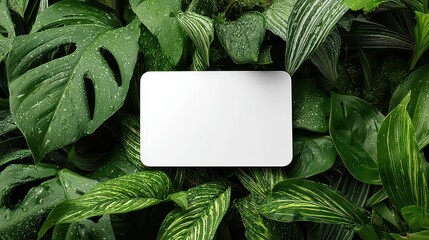 Rectangular White Card Surrounded by Tropical Green Leaves Under Bright Lighting, Promoting a Fresh and Natural Vibe for Organic Products or Services